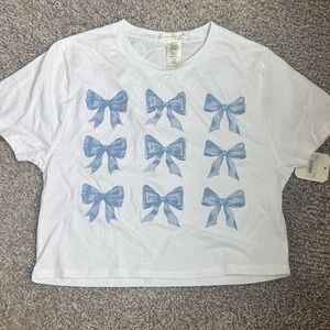Altar'd State White Tee with Blue Bow Pattern - Size S - NWT